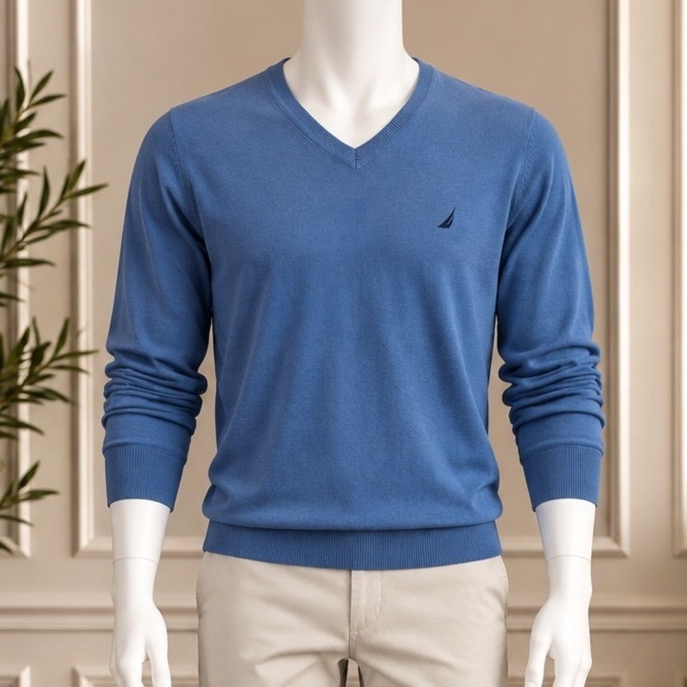 Nautica Mens Sweater Navtech V-Neck Solid Blue Embroidered Logo XL